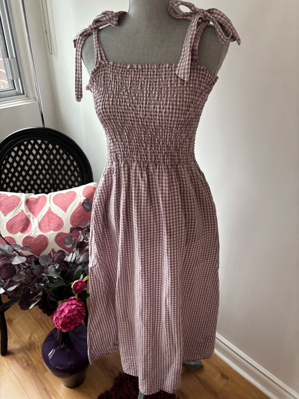 Simons - Smocked Gingham Tie-Shoulder Midi Dress in Mauve Pink